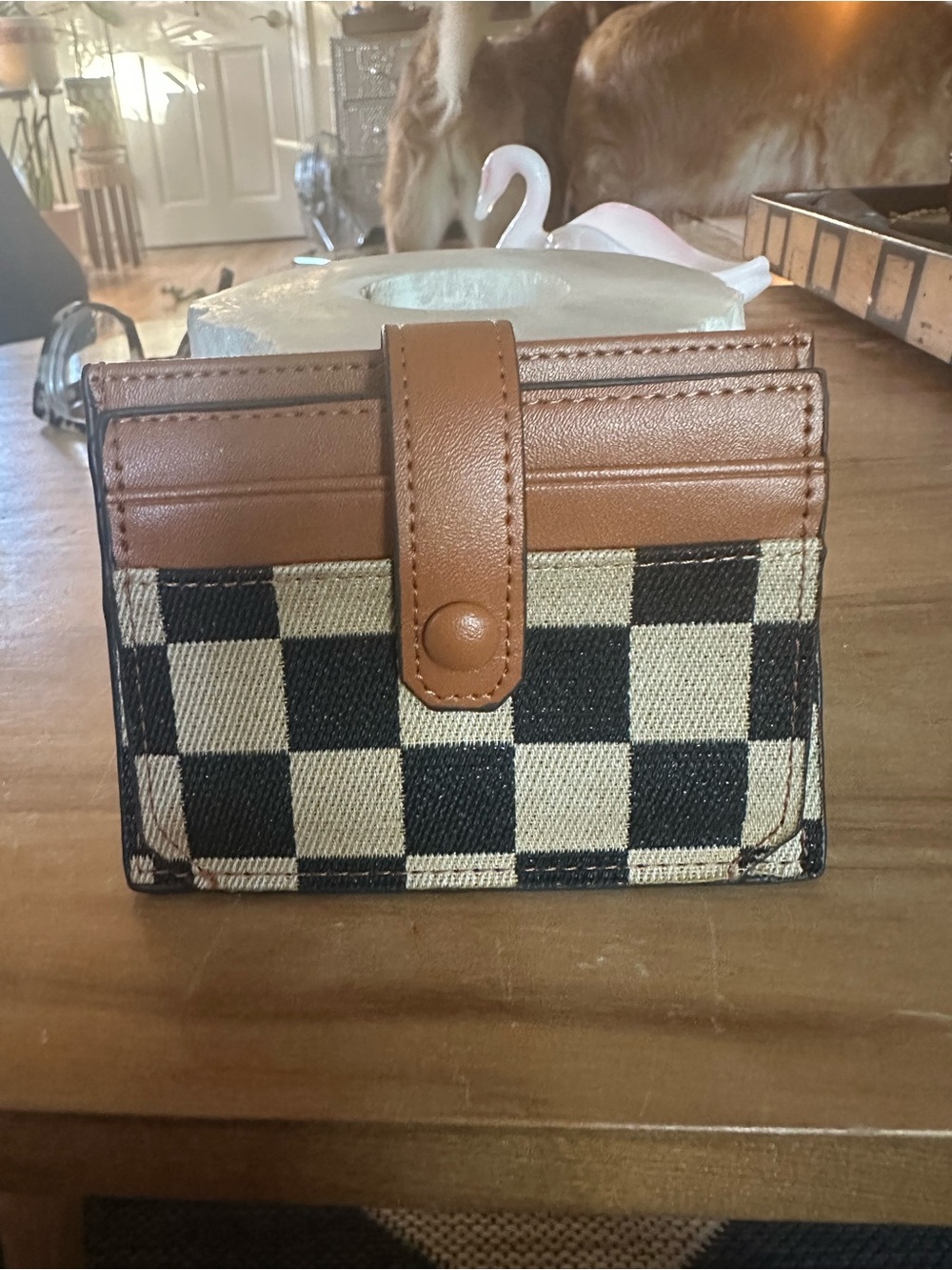 Checkerboard Canvas ID  Card Holder with Brown trim